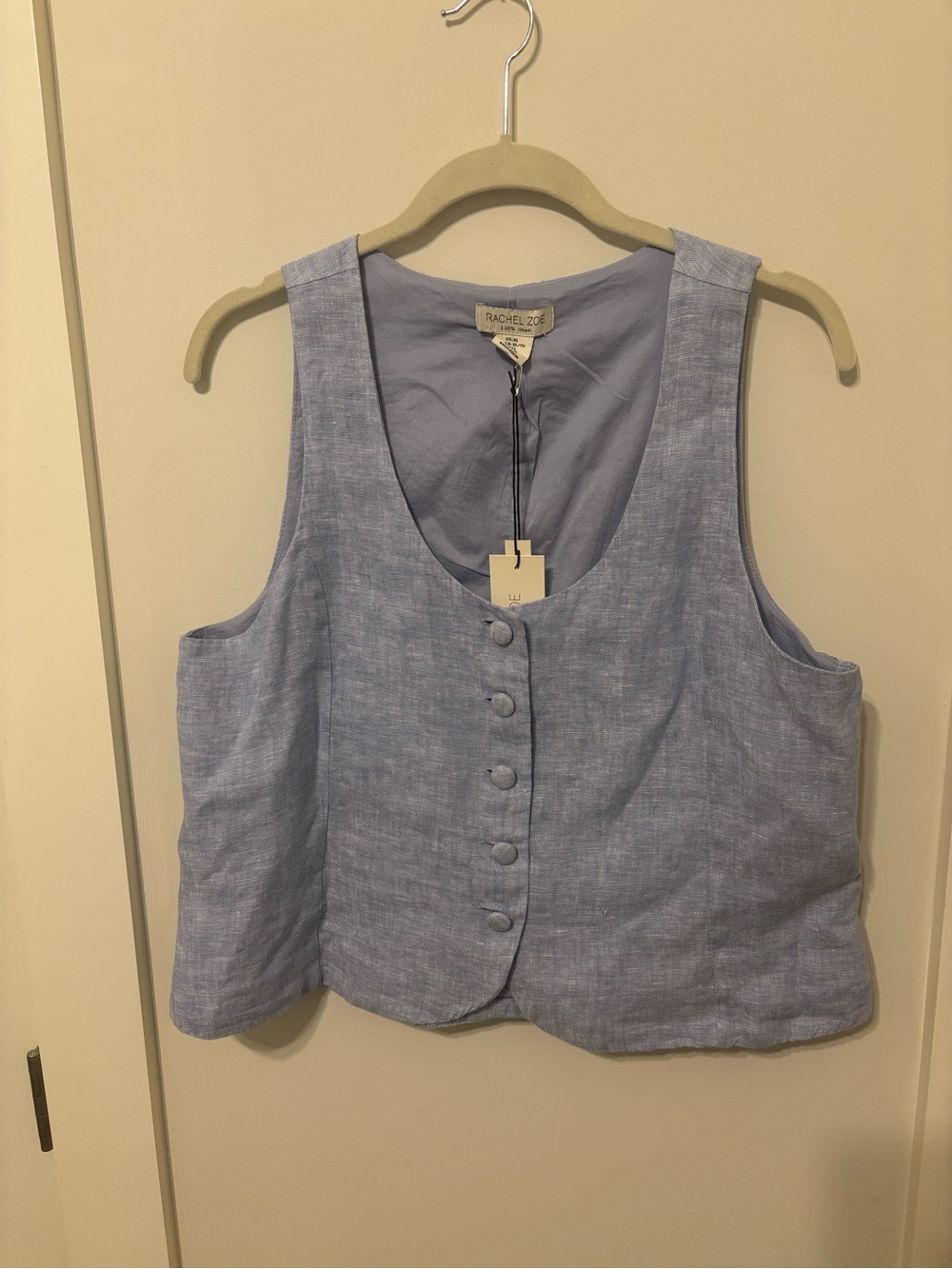 Rachel Zoe Sky Blue Linen Button Front Crop Vest